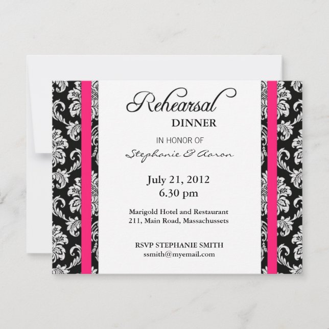 Hot Pink Damask Rehearsal Dinner Card (Front)