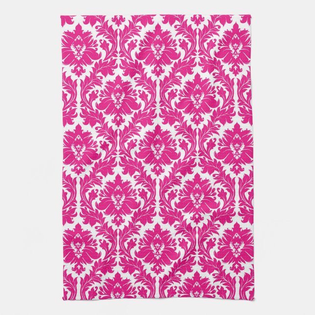 Hot Pink Damask Tea Towel (Vertical)
