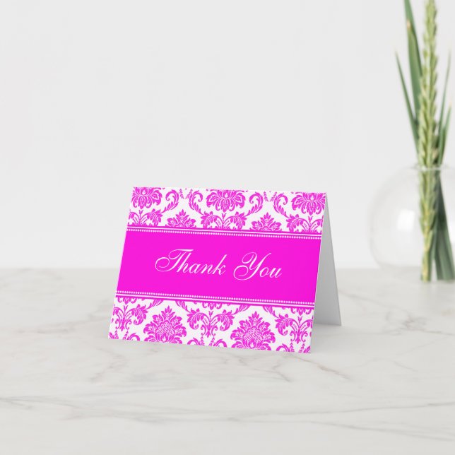 Hot Pink Damask Thank You Cards (Front)