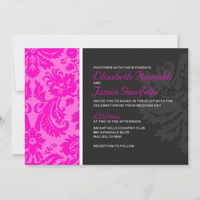 Hot Pink Damask Wedding Invitations (Front)