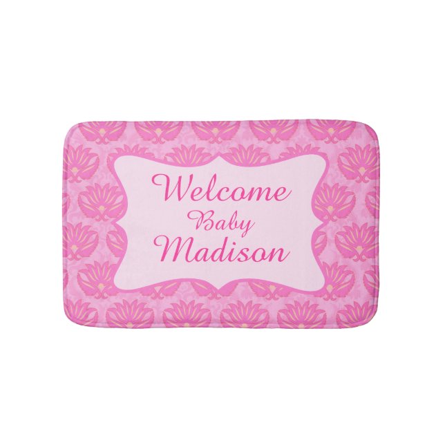 Hot Pink Damask Welcome Name Personalised Baby Rug (Front)