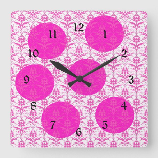 Hot Pink Damask with Pink Polka Dots Square Wall Clock (Front)