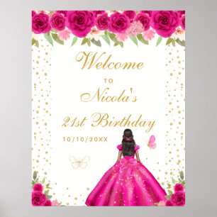 Hot Pink Dark Skin Girl Birthday Party Welcome Poster