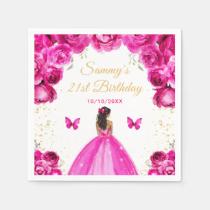Hot Pink Dark Skin Princess Birthday Party Napkin