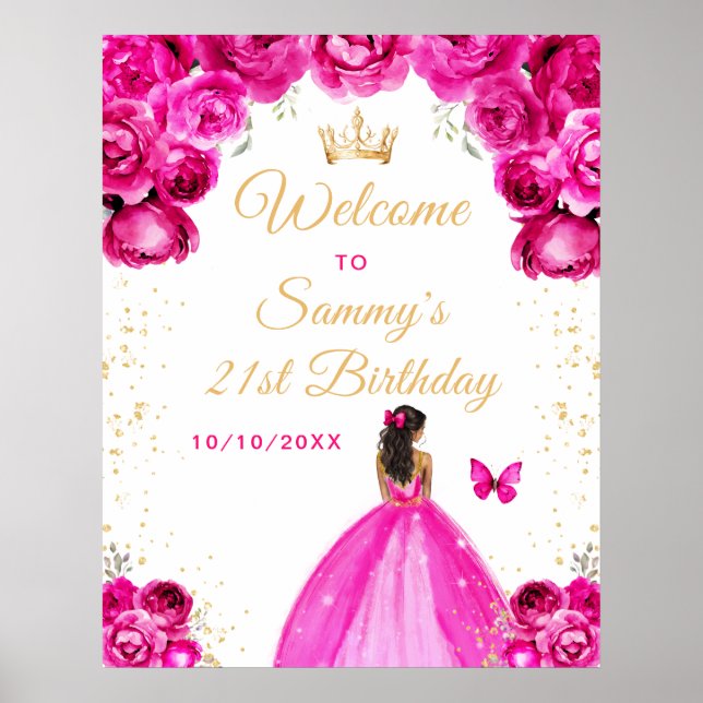 Hot Pink Dark Skin Princess Birthday Welcome Poster (Front)