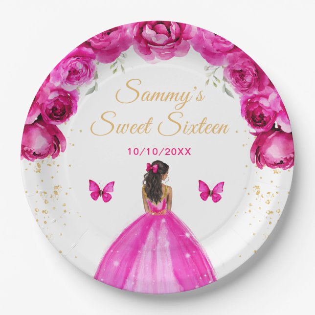 Hot Pink Dark Skin Princess Sweet Sixteen Paper Plate (Front)