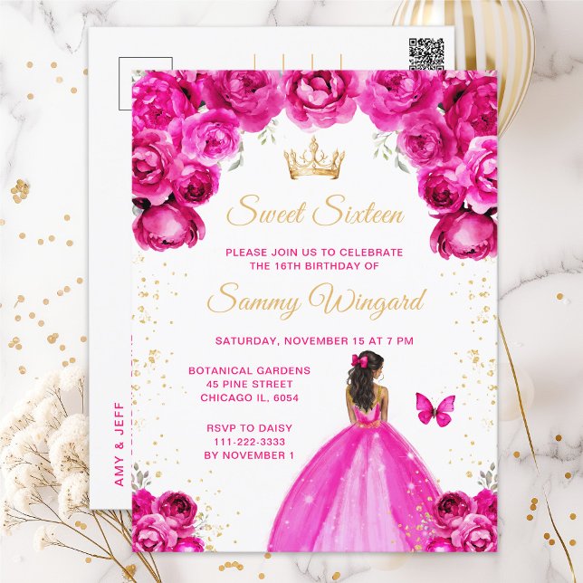 Hot Pink Dark Skin Princess Sweet Sixteen Postcard (Creator Uploaded)