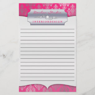 Hot Pink Dashing Damask Lined Business Stationary Stationery