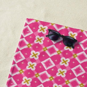 Hot Pink Diamond Flower Sparkle Beach Towel