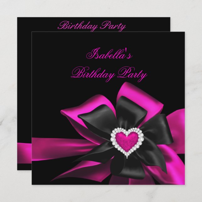 Hot Pink Diamond Heart Black Bow Birthday Party Invitation (Front/Back)
