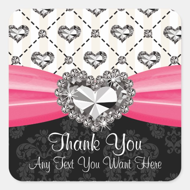 Hot Pink Diamond Rhinestone Heart Thank You Labels (Front)