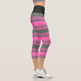 Hot Pink & Dim Grey Coloured Striped/Lined Pattern Capri Leggings