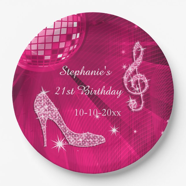 Hot Pink Disco Ball and Heels 21st Birthday Paper Plate (Front)