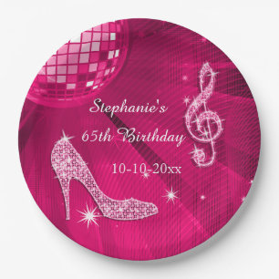 Hot Pink Disco Ball and Heels 65th Birthday Paper Plate