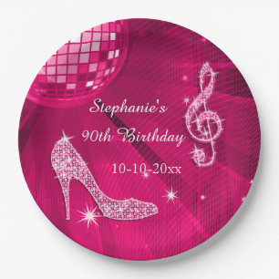 Hot Pink Disco Ball and Heels 90th Birthday Paper Plate