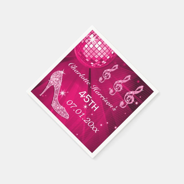 Hot Pink Disco Ball and Sparkle Heels 45th Napkin (Corner)