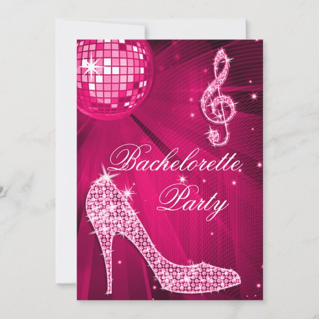 Hot Pink Disco Ball and Sparkle Heels Bachelorette Invitation (Front)