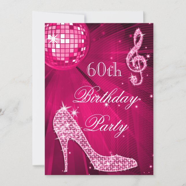 Hot Pink Disco Ball Sparkle Heels 60th Birthday Invitation (Front)