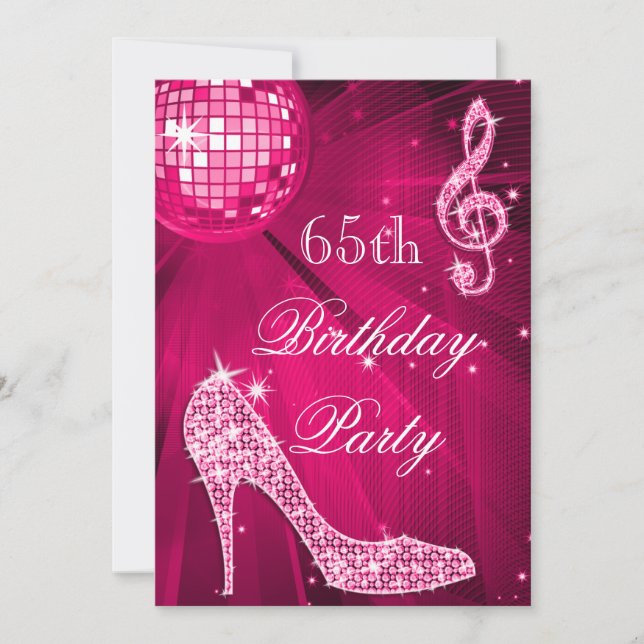 Hot Pink Disco Ball Sparkle Heels 65th Birthday Invitation (Front)