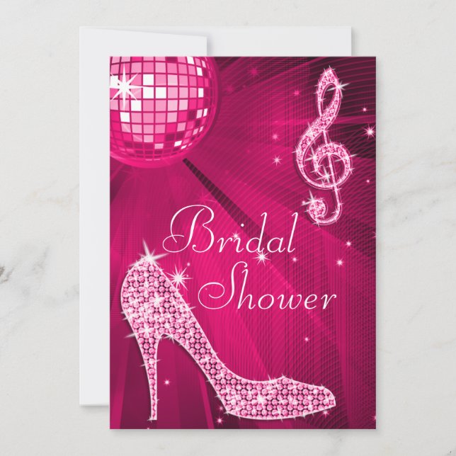 Hot Pink Disco Ball & Sparkle Heels Bridal Shower Invitation (Front)