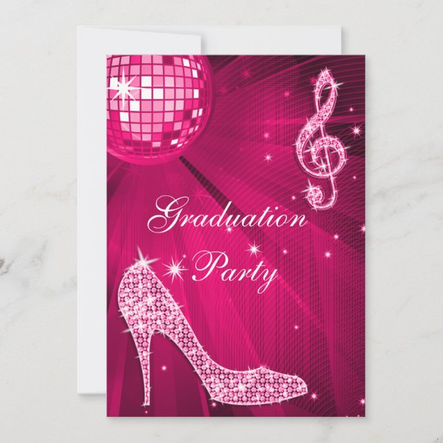 Hot Pink Disco Ball Sparkle Heels Graduation Invitation (Front)