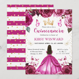 Hot Pink Dress Brunette Hair Princess Quinceanera Invitation