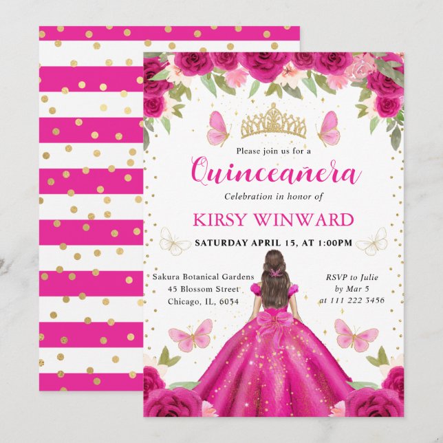 Hot Pink Dress Brunette Princess Quinceanera Invitation (Front/Back)