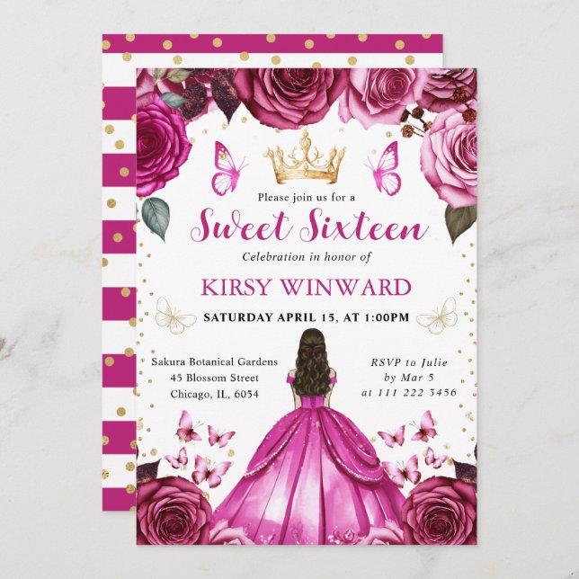 Hot Pink Dress Brunette Princess Sweet 16 Invitation (Front/Back)