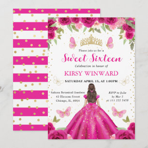 Hot Pink Dress Brunette Princess Sweet 16 Invitation