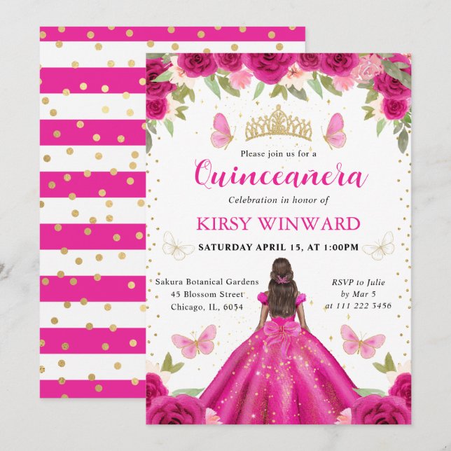 Hot Pink Dress Dark Skin Princess Quinceanera Invitation (Front/Back)