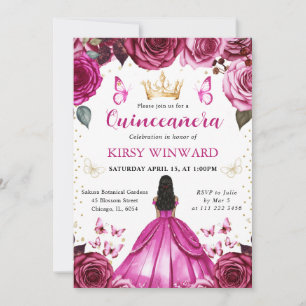 Hot Pink Dress Dark Skin Princess Quinceanera Invitation