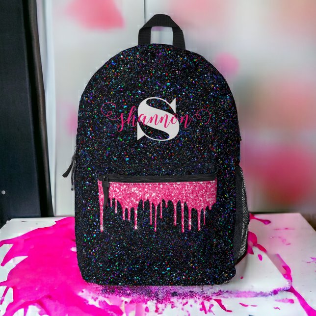 Hot Pink Drip Black Glitter Custom Name Backpack (Creator Uploaded)