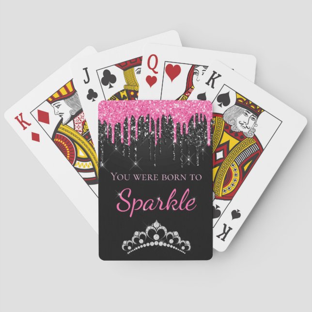 Hot Pink Dripping Faux Glitter Born to Sparkle Playing Cards (Back)