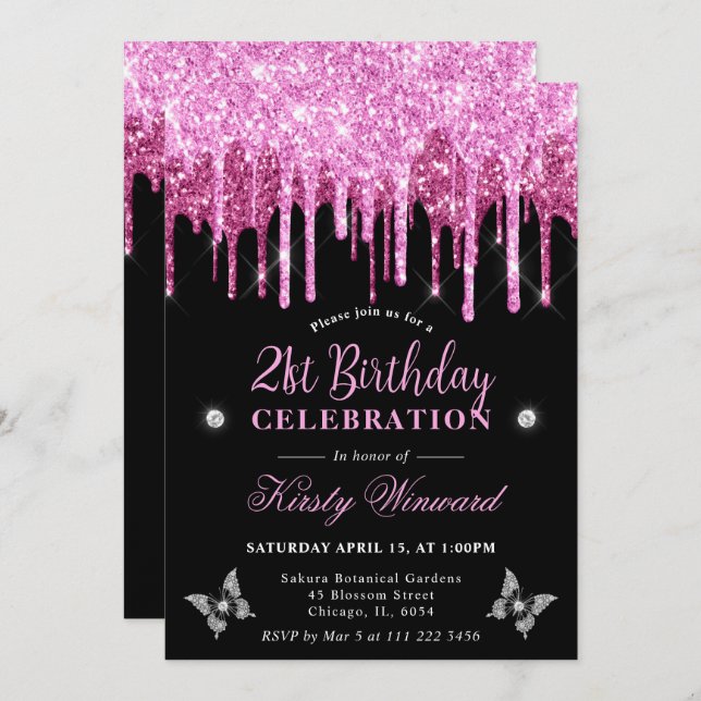 Hot Pink Dripping Glitter 21st Birthday Invitation (Front/Back)
