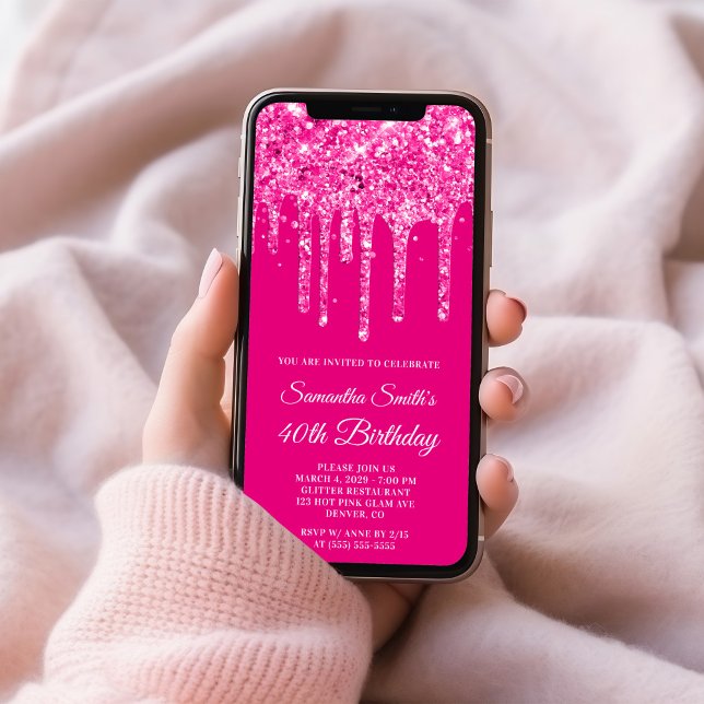 Hot Pink Dripping Glitter 40th Birthday Invitation (Hot Pink Dripping Glitter 40th Birthday Invitation)