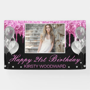 Hot Pink Dripping Glitter & Balloons Birthday Banner