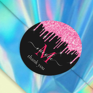 Hot Pink Dripping Glitter + Black Monogram Thank U Classic Round Sticker