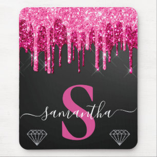 Hot Pink Dripping Glitter on Black Monogram Mouse Pad