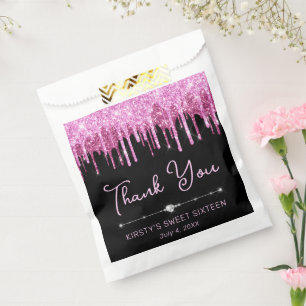 Hot Pink Dripping Glitter on Black Sweet 16 Favour Bags