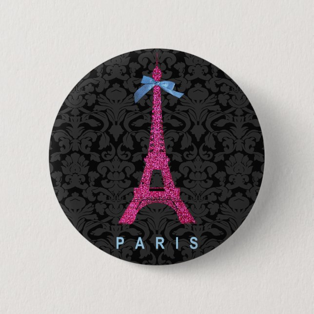 Hot Pink Eiffel Tower in faux glitter 6 Cm Round Badge (Front)