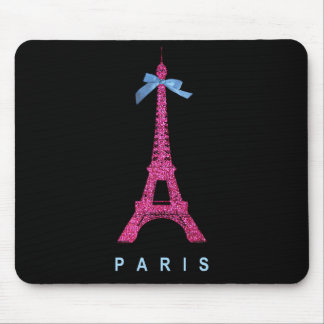 Hot Pink Eiffel Tower in faux glitter on black Mouse Pad