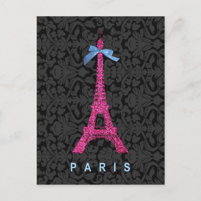 Hot Pink Eiffel Tower in faux glitter Postcard (Front)