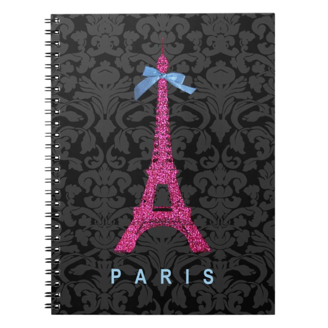 Hot Pink Eiffel Tower in faux glitter Spiral Notebook (Front)