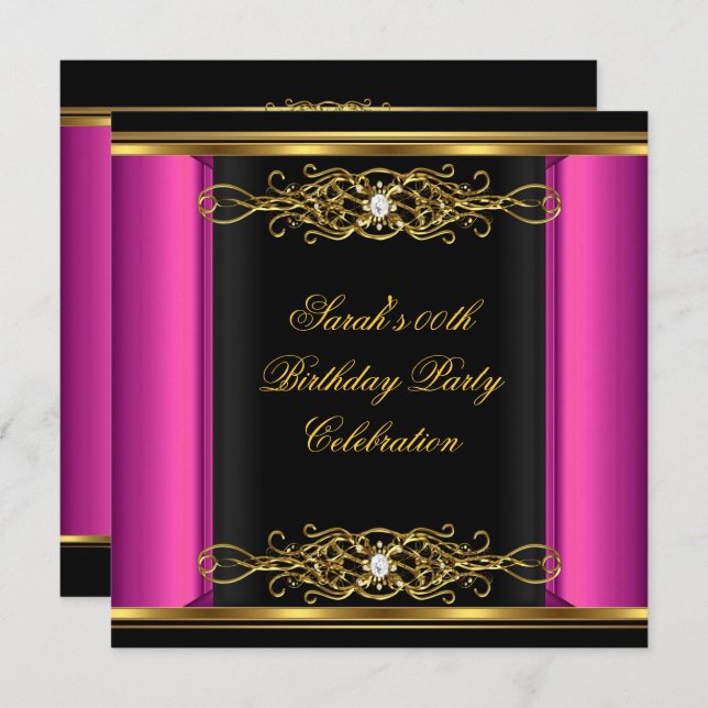 Hot Pink Elegant Birthday Party Black Gold Invitation (Front/Back)