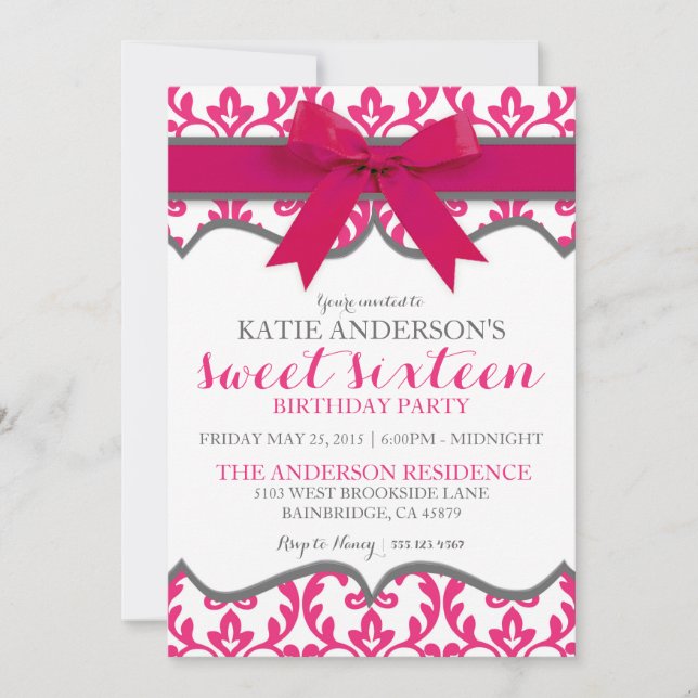 Hot Pink Elegant Damask Sweet Sixteen Invitation (Front)