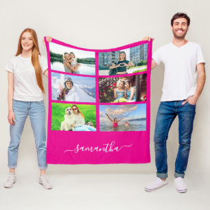 Hot Pink Elegant Script Signature Name Photo Fleece Blanket