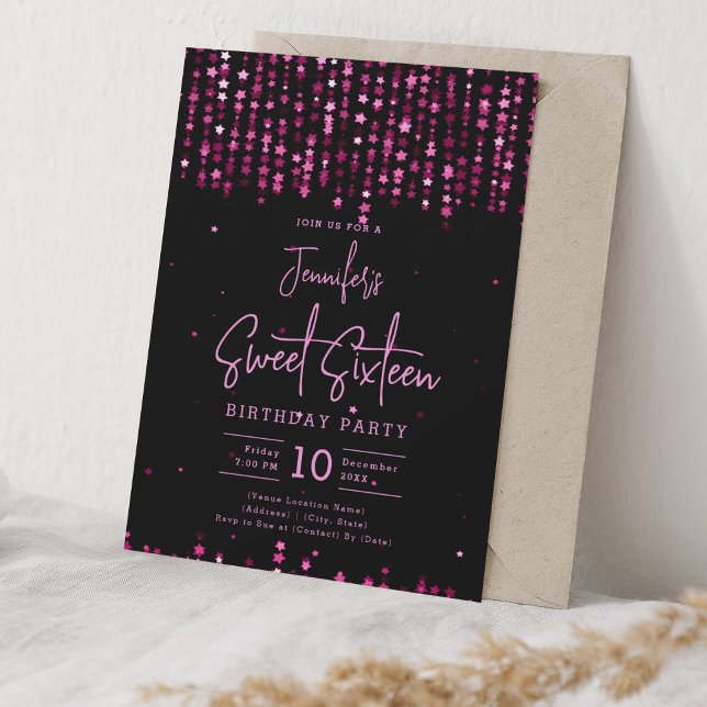 Hot Pink Falling Stars Sweet 16 Birthday Party Invitation (Hot Pink Falling Stars Sweet 16 Birthday Party Invitation)