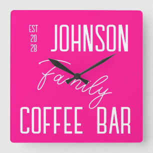 Hot Pink Family Name Square Wall Clock