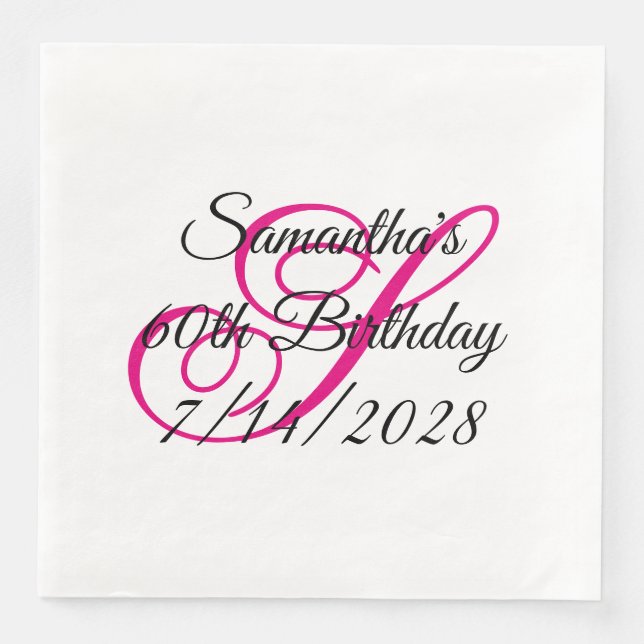 Hot Pink Fancy Monogram 60th Birthday Napkin (Front)