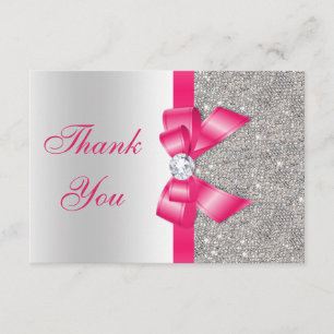 Hot Pink Faux Bow & Diamonds Blank Thank You Card